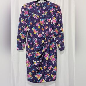 Vintage Pink and Orange Ruched Long Sleeve Sheath Dress